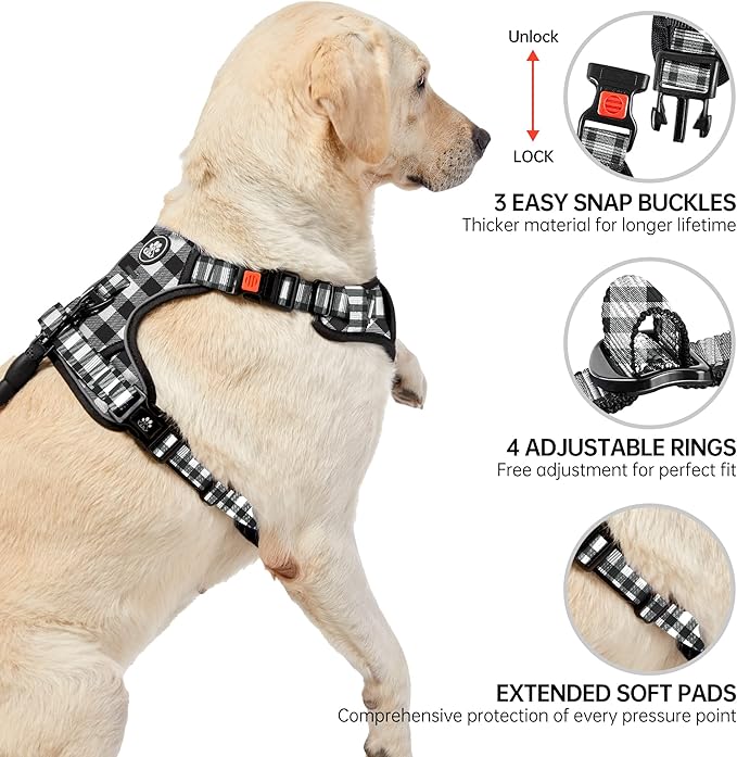 NESTROAD No Pull Dog Harness with Leash, Reflective No Choke Pet Vest Harness,Adjustable Soft Padded Dog Harness with Easy Control Handle for Large Dogs(Checkered Black,Large)