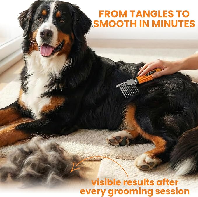 Poodle Dematting Fur Rake Comb Brush for Dogs and Cats - Long 2.5" Steel Safety Blades Metal Comb for Detangling Matted or Knotted Undercoat Hair (Orange)