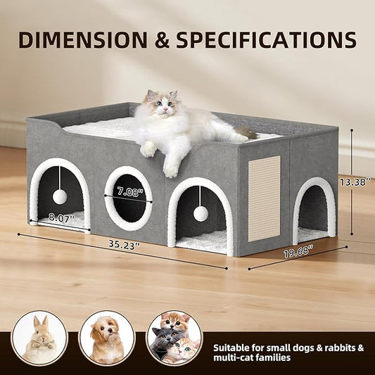Top Bed Three Rooms Cat Condos,All-in-1 Extra-Wide Cat House for Indoor，Multi Cats Puppy Family, Large Cat Cave for Pet House with Fluffy Ball Hanging and Scratch Pad, Foldable Hideaway