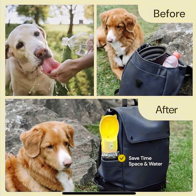 Dog Water Bottle Dispenser - 380 ML Yellow- Leak-Proof Lock & One-Hand Operation - Dog Water Bowl Dispenser - Pet Travel Bottle with Built-in Bowl,