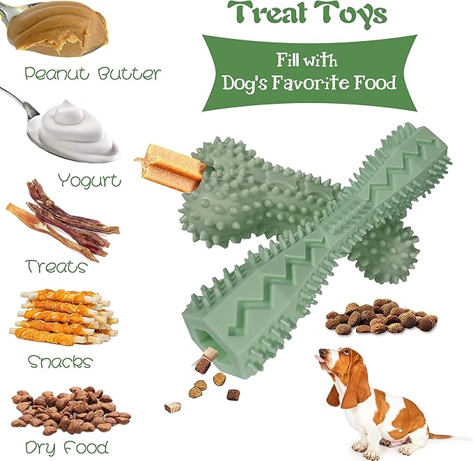 4 Pack Puppy Toys for 2-8 Months Pets Dog Chew Toy for Small Puppies Teething Toys for Cleaning Teeth Food Dispensing Soft Durable Rubber Bone Funny Ball Interactive Donut Treat Dumbbell (Green)