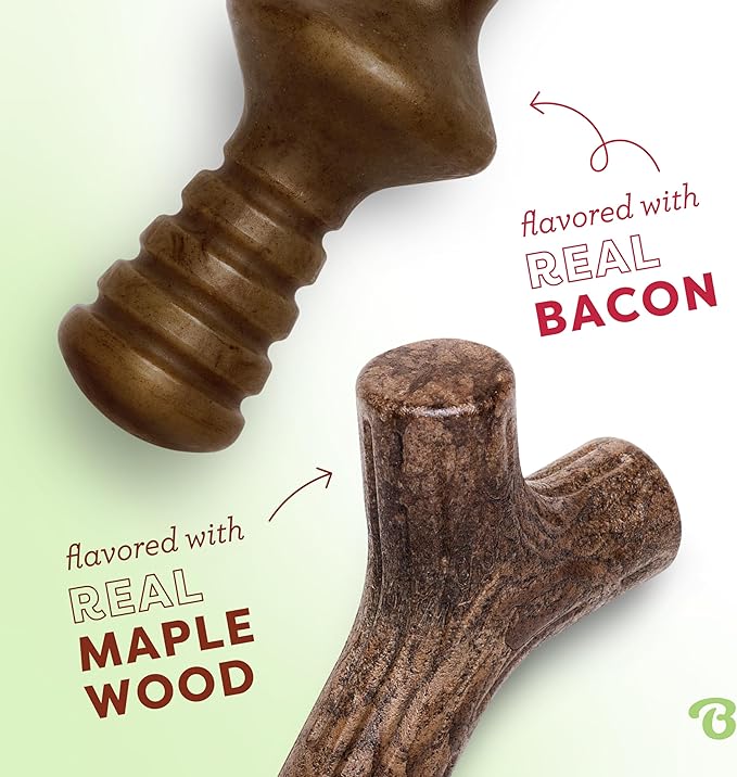 Benebone 2-Pack Maplestick/Zaggler Durable Dog Chew Toys, Real Maplewood, Real Bacon, Made in USA Large