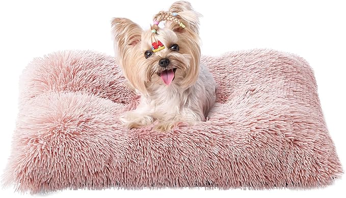EHEYCIGA Fluffy Dog Bed, Plush Faux Fur Crate Pad, Calming Anti Anxiety Small Dog Bed, Washable Soft Warm Crate Mat with Non-Slip Bottom, Pink
