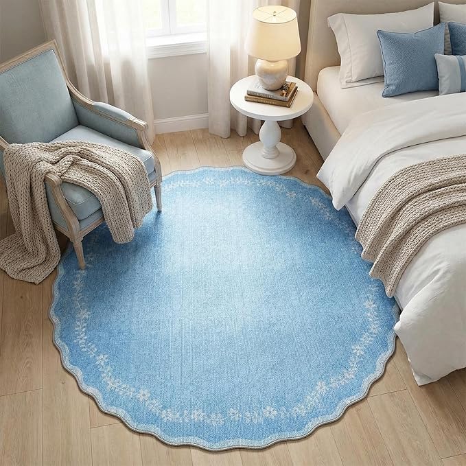 GarveeHome Scalloped Round Area Rugs 8ft for Living Room, Large Solid Blue Washable Circle Rug Soft Non Slip Floral Print Floor Mat Carpet Indoor Thin Rug for Bedroom Dining Room Playroom Nursery
