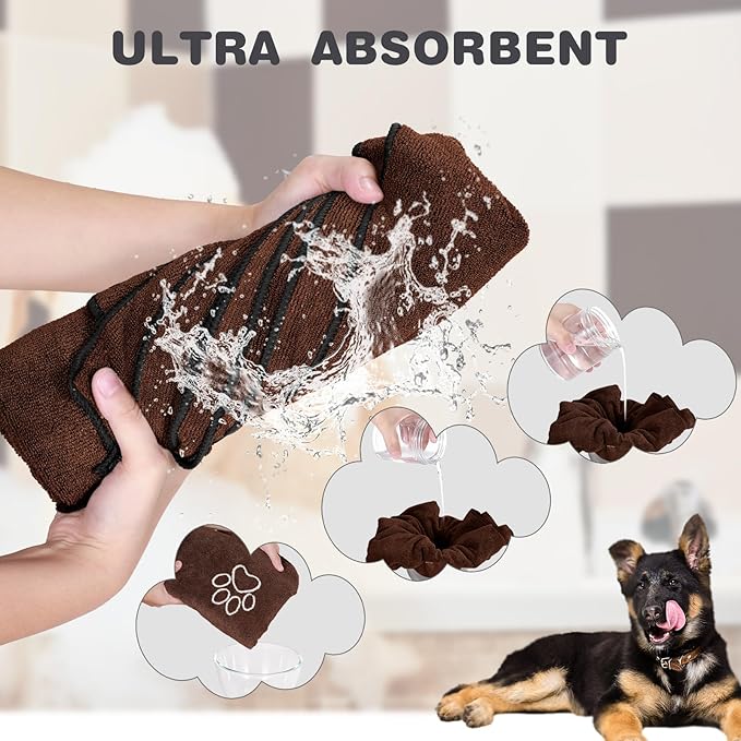Chumia 4 Pack Dog Towels for Drying Large Microfiber Grooming Tools Absorbent Soft Bath Supplies with Embroidered Paw for Small Medium Pet Products(16 x 32 Inch,Gray, Coffee)