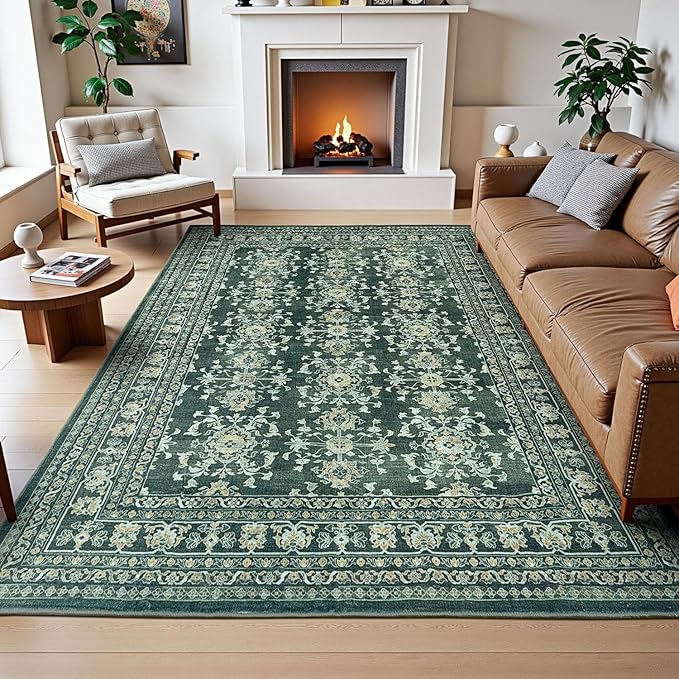 Lessymo 8x10 Area Rugs for Living Room, Machine Washable Non Slip Large Rug, Soft Low Pile Carpet for Bedroom Dining Office, Vintage Dark Green Distressed Floral Floor Decor