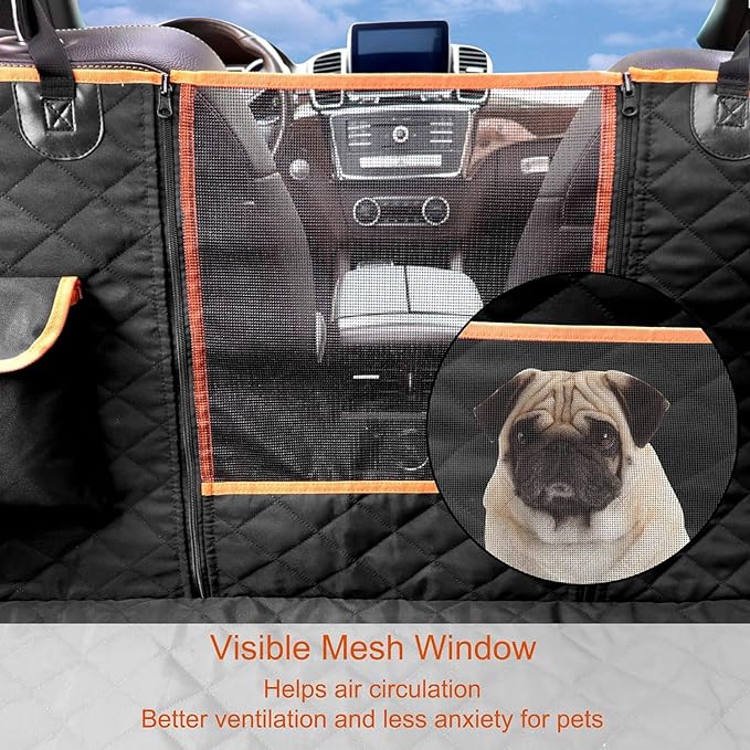 Femuar Dog Car Seat Cover, Waterproof Nonslip Pet Seat Cover for Back Seat with Storage Pockets Mesh Visual Window, Scratch Proof Pet Dog Seat Cover Hammock for Cars Trucks and SUVs, XL-Orange
