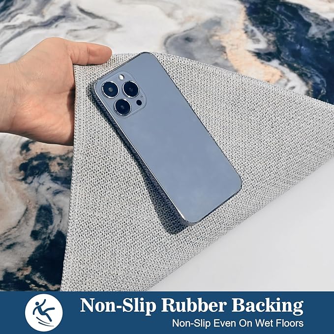 Yinhua 8x10 Rug for Living Room, Marble Rug Blue and Gold, Non Slip Modern Washable Rugs Non Shedding, Contemporary Abstract Area Rugs Low Pile, Soft Large Carpet for Bedroom Kitchen Office