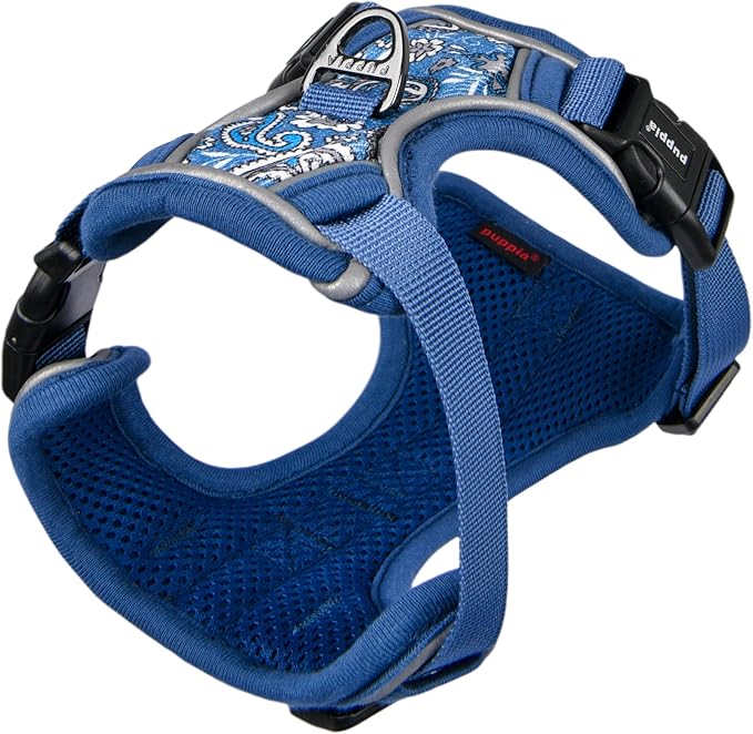 Puppia Cynthia Dog Harness H Sturdy Adjustable Neck and Chest Reflective Flower Pattern Front and Back D-Ring for Small and Medium Dogs, Blue, X-Large