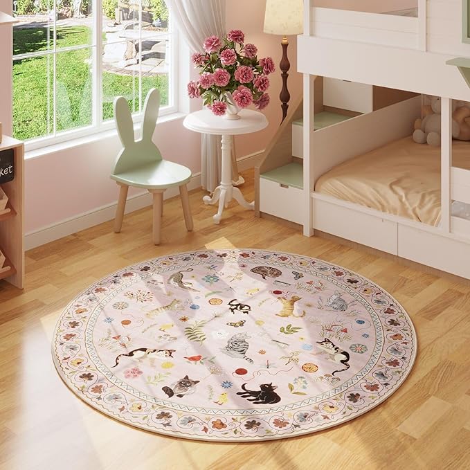Rugcomf Round Rug 4ft Washable Circle Rug Non Slip Low Pile Boho Floral Animal Cat Small Circular Rug for Bedroom Bathroom Entryway Kids Room Office College Dorm, Pink