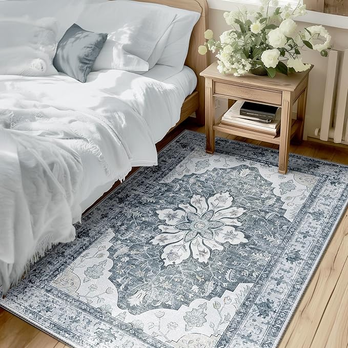 Area Rugs 3'x5' Washable Non-Slip, Floral Vintage Distress Print Pattern Medallion Carpet for Living Room Bedroom Dining Room, Light Gray Grey White