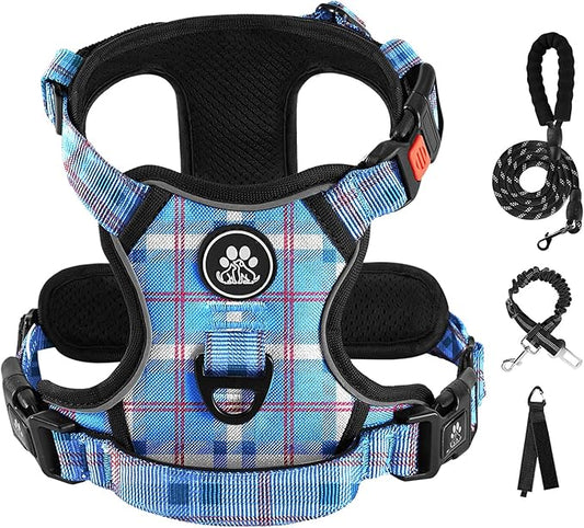 IVY&LANE No Pull Dog Harness with Leash Set, Reflective No Choke Pet Vest,Adjustable Oxford Dog Vest Harness with Easy Control Handle for Large Dogs (Checkered Blue,XL)