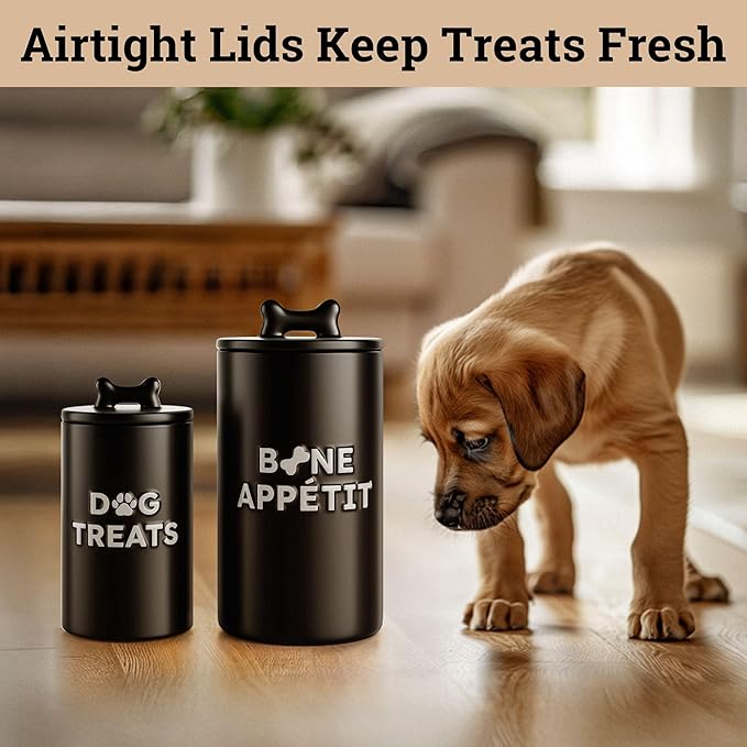 Dog Treat Container Airtight Set of 2 - 10x5 in & 7x4 in Ceramic Dog Treat Jars for Kitchen Counter with Airtight Lids - 11 Cup Capacity Pet Treat Container Set - Doggie Cookie Jar - Treats Canister