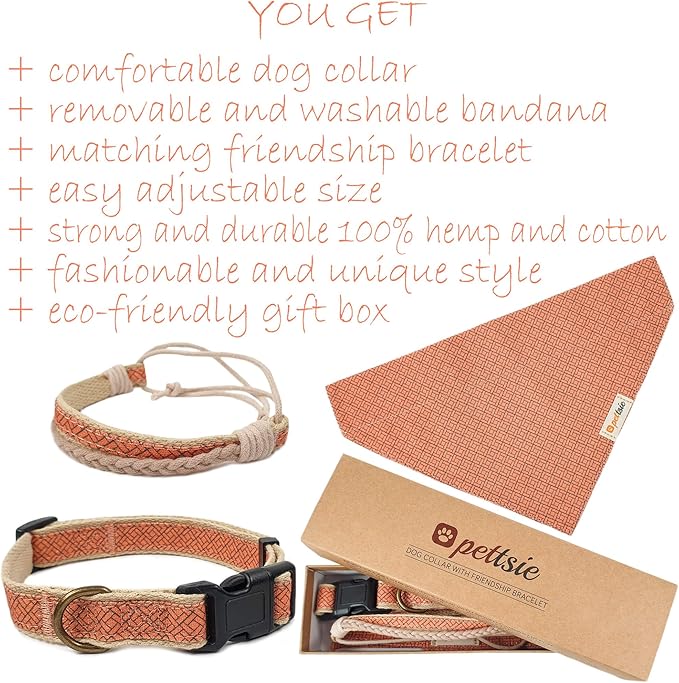 Pettsie Dog Bandana Collar with Matching Friendship Bracelet – Adjustable, Durable Hemp & Soft Cotton, Stylish & Comfortable Pet Bandana, Designed for Dog Lovers, Small, Orange