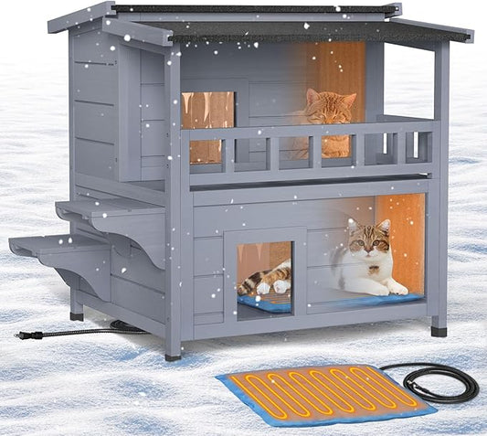Heated Cat House for Outside - Wooden Outdoor Cat House Weatherproof, 2-Story Insulated Cat Houses with Balcony, Winter Warm Feral Cat Shelter with Heated Pad, for Multiple Kitties