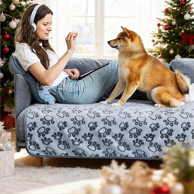 Stuffed Premium Soft Dog Couch Blanket, with Flannel Cute Paw Print, 30 * 70 inches, Cat Blanket Puppy Supplies Dog Products Stuff Essentials, Gray