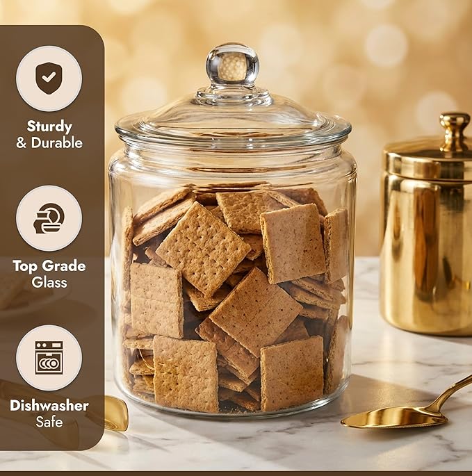 1 Gallon Glass Cookie Jar with Lid – Glass Jar with Lid - Airtight Food Storage Container for Cookies, Candy, Flour, Dog Treats – Clear Large Kitchen Jar for Pantry or Laundry Room