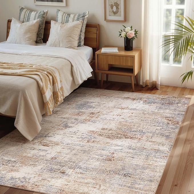 Area Rug Living Room Washable Rugs: 5x7 Modern Neutral Abstract Low Pile Non Slip Floor Carpet - Large Soft Thin Stain Resistant Rug for Bedroom Dining Indoor Office Home, Brown Grey