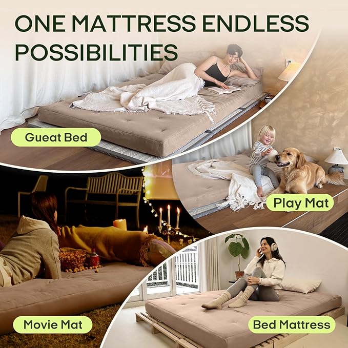 ZonLi Japanese Floor Futon Mattress Queen Size 60"x 80",100% Cotton Cover 6'' Thicken Tatami Mattress,Foldable Sleeping Pad,Portable Dormitory Tatami Mat,Roll Up Floor Lounger Bed for Adult (Khaki)