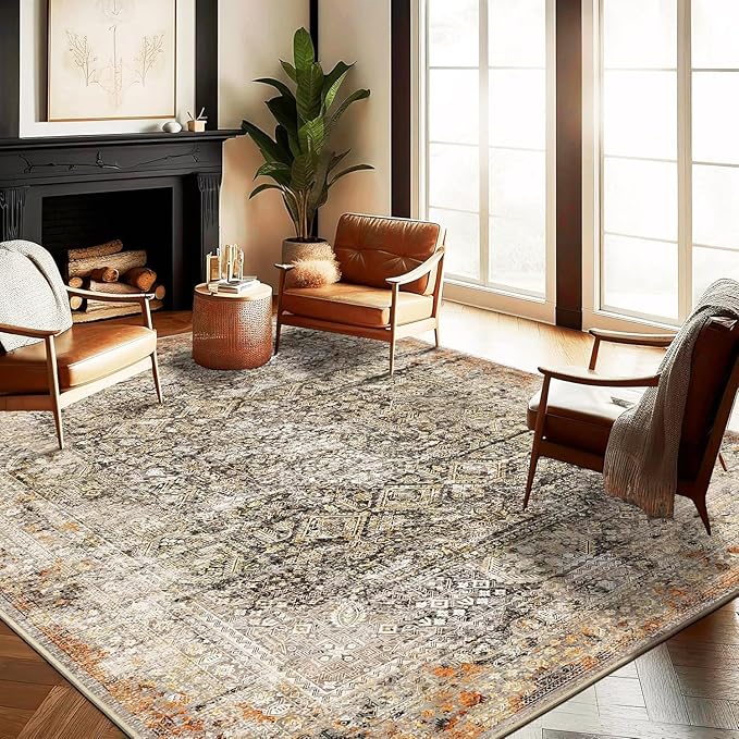 Area Rug 6'x9' Washable Vintage Traditional Floor Cover Thin Retro Kitchen Indoor Distressed Non Slip Carpet Floral Print Mat for Living Room Bedroom Dining Room