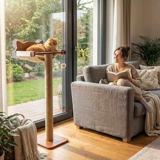 Sintuff Cat Window Perch with Scratching Post Climbing Tree Hammock Mounted with Suction Cups 46 Inch Tall Adjustable Narrow Cat Tree Climbing Pole for Playing Sleeping Watching Birds (Round)