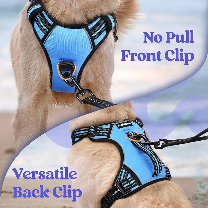 rabbitgoo Dog Harness for Large Dogs, No Pull Pet Harness with Soft Padded Handle, Adjustable Reflective Vest with 3 Buckles, Easy Walking Harness with 2 Leash Clips, Light Blue, L