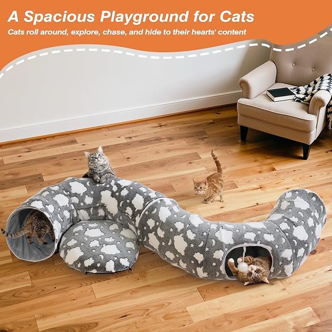Cat Tunnels for Indoor Cats, 35'' Plush Cat Tunnel Bed with Playful Ball and Circle Cushion, Multifunctional Peekaboo Cat Cave, Interactive Toy Gift for Cats, Kittens, Rabbits, Gray&Cloud