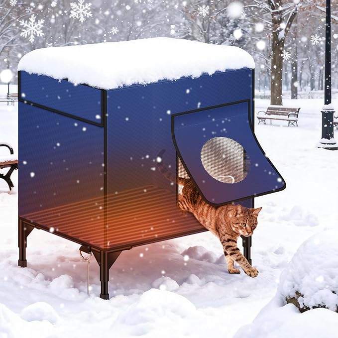 Zikopomi Heated Cat House for Outside with Elevated Base Outdoor Cat House with 2 Safe Escape Doors Cat-Attracting Eave Design Feral Stray Shelter Weatherproof in Winter Garage Yard Porch
