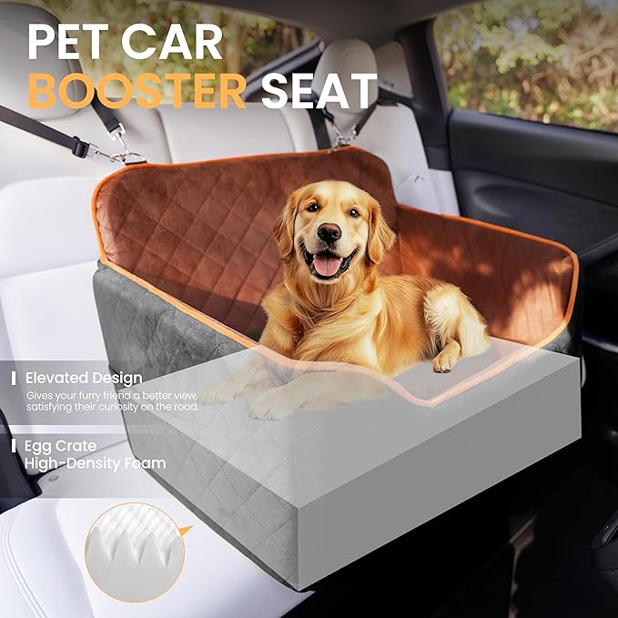 Dog Car Seat for Small Dog with Washable Mat, Memory Foam Booster Seat for Dogs Under 55lb, Elevated Pet Seat with Pockets, Anti-Slip Bed for Car, Perfect for Back Seats & Trunk with 2 Safety Leashes