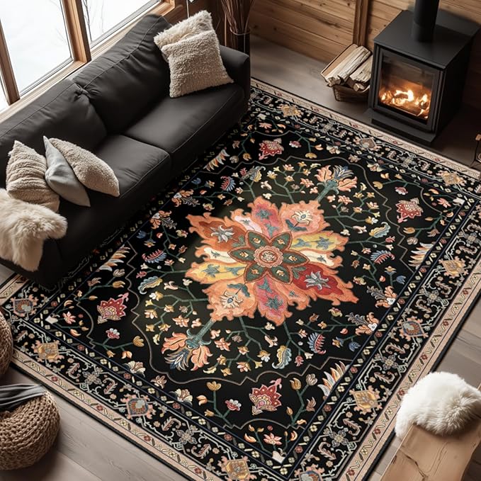 Area Rugs 7'x9' Washable Non-Slip, Floral Vintage Distress Print Pattern Medallion Carpet for Living Room Bedroom Dining Room, Black Colorful Floral Dark Tan