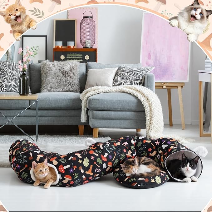 Aliceset Mushroom Spring Cat Tunnel Bed for Indoor Cats 3ft x 3ft x 10in Foldable Cat Donut Tunnel with Washable Cushion Mushroom Pet Peekaboo Cave Toy for Small Kitten Kitty