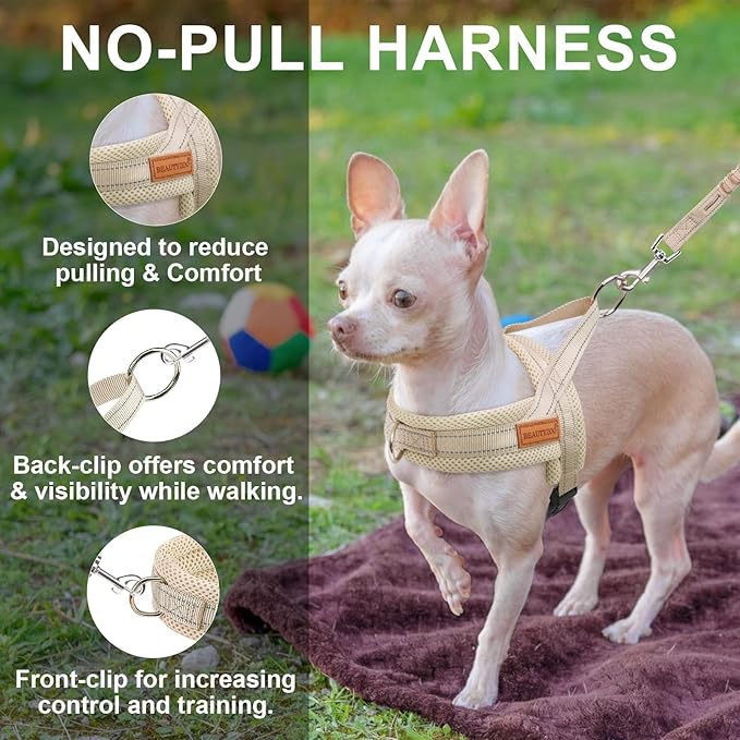 BEAUTYZOO Dog Harness for Small Dogs, No Pull Dog Harness and Leash Set, Soft Escape Proof Puppy Vest Harness with Handle, Reflective Lightweight Step in Harness for Girl Boy Dogs, Beige S
