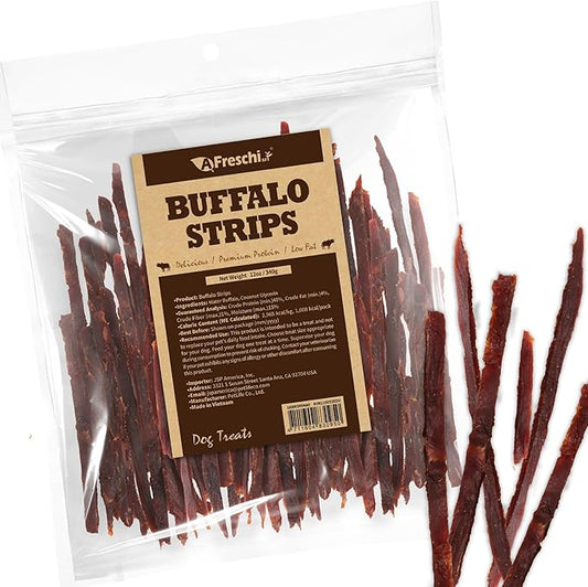 A Freschi srl Buffalo Dog Treats, All-Natural, Hypoallergenic, High Protein, Low Fat, Human Grade Puppy Chews – Healthy Grain-Free Training Treats, 12oz Jerky Strips