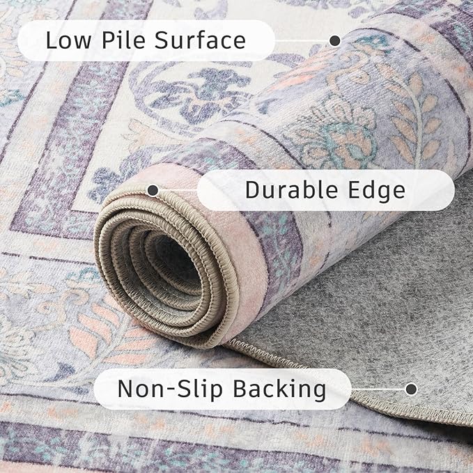 DCX Floral Area Rugs 9x12 Living Room, Soft Anti-Skid Machine Washable Purple Area Rugs Stain Resistant Neutral Boho Carpet for Bedroom Large Low Pile Lightweight Room Rug