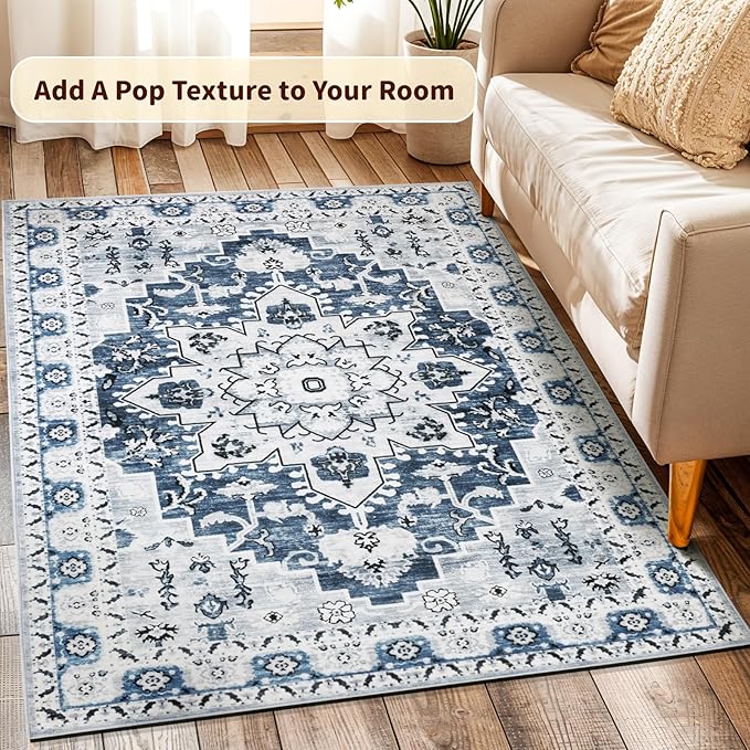 LBRO2M Boho Rug for Entryway Indoor Washable Rugs 3X5 Front Door Rug Blue Non Slip Throw Rugs, Small Rug for Bathroom Kitchen Rugs Pet Friendly Area Rugs Low Piles (3'X5' Light Blue)