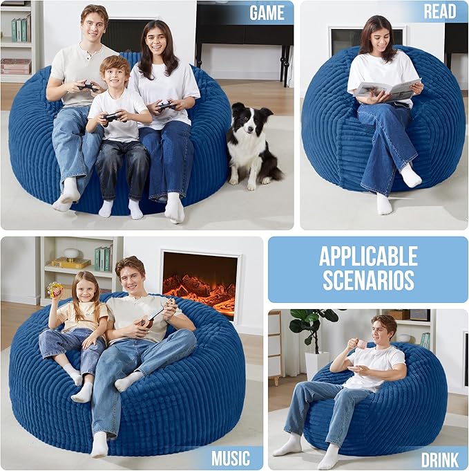 Homguava 4 FT Bean Bag Chair,4' Big Bean Bag,Large Bean Bag Chairs for Adults with Memory Foam Filled,Comfy Beanbag Chairs Soft Bean Bag Sofa with Dutch Corded Plush Cover-Blue