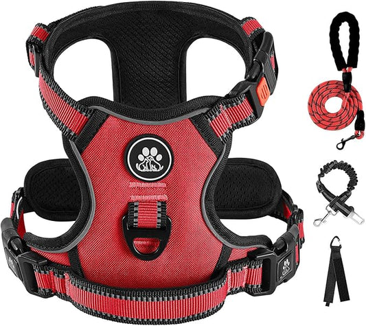 IVY&LANE No Pull Dog Harness for Small Dogs, Dog Vest Harness with Leash, Safety Belt and Storage Strap, Fully Adjustable, 360° Reflective Strip, Soft Handle (Red, S)