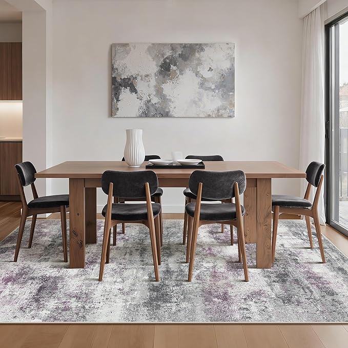 Area Rugs 6x9 for Living Room Bedroom, Modern Abstract Machine Washable Rug, Large Soft Low Pile Floor Carpet with Non Slip Backing for Dining Room, Grey/Purple