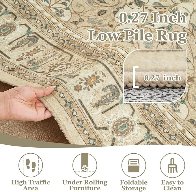 Warm Beige Area Rug 5x7, Non Slip Washable Rugs for Living Room Bedroom Low Pile Thin, Boho Neutral Floral Moroccan Pattern Printed Carpet Rug for Nursery Playroom Dining Room Home Office