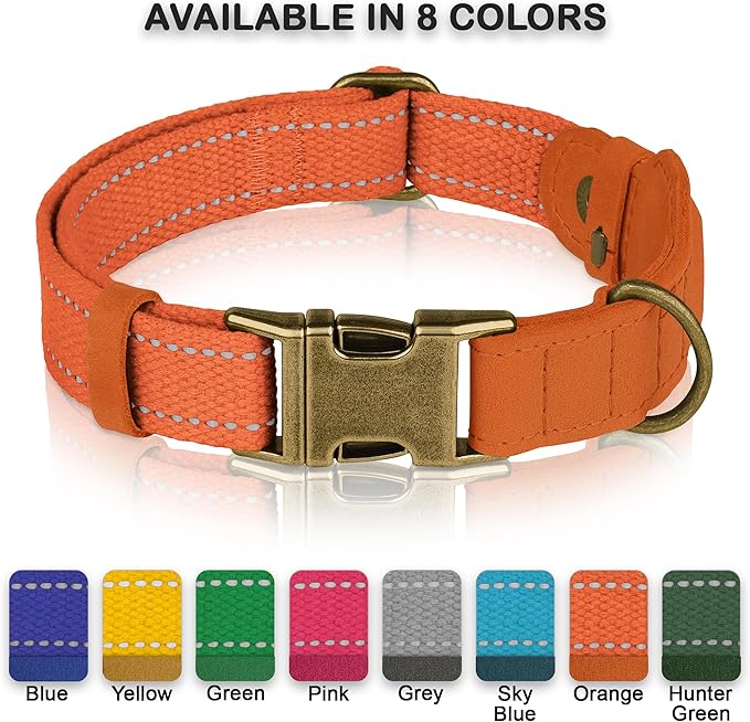 Reflective Leather Dog Collar with AirTag Holder - Soft Apple Airtag Dog Collar with Metal Buckle - Safety Cotton Pet Collars for Dogs Small Large Dogs Puppy (Orange, L, 17"-21")