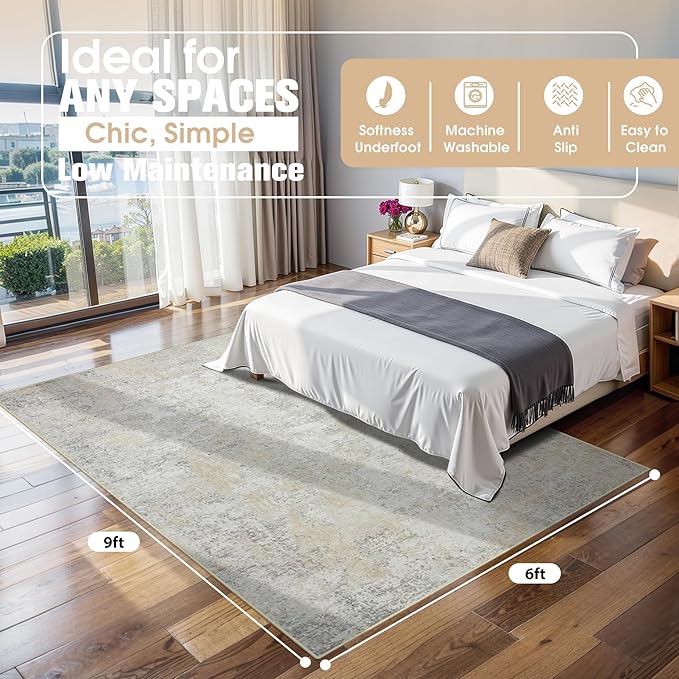 6x9 Area Rugs for Living Room Rug Washable: Abstract Rug for Dining Room Bedroom Carpet Non Slip 6 by 9 Indoor Modern Nursery Home Office Beige Grey