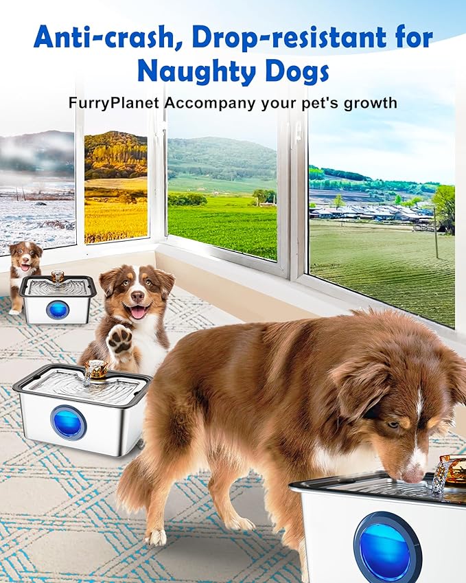 Large Dog Water Fountain SS304,12L Ultra-Purification Pet Drinking Dispenser with Visual Window,Widely Drinking Area,Deep Purification Filter,Triple Waterfall Structure,Low Water Indicator