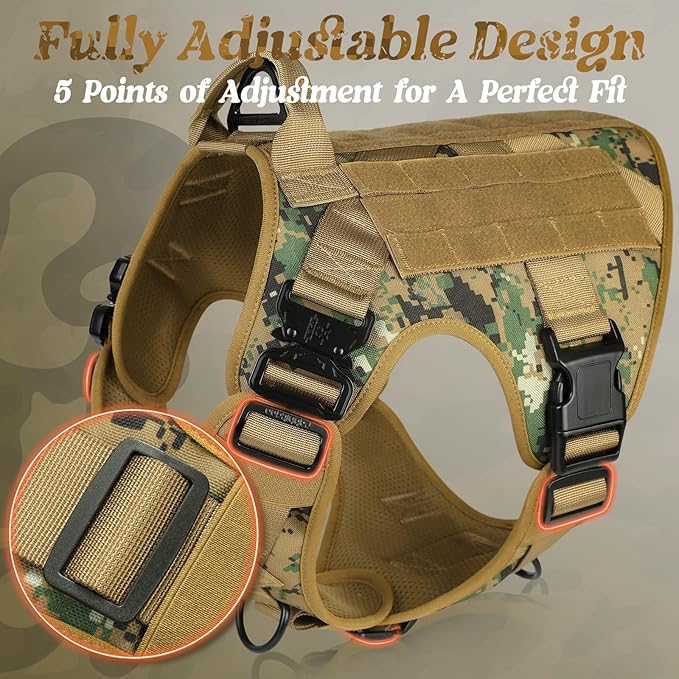 rabbitgoo Tactical Dog Harness Medium Sized, Heavy Duty Pet Harness with Handle, No-Pull Service Vest Medium Breed, Adjustable Military Dog Vest for Training Hunting Walking, Brown Camo, M