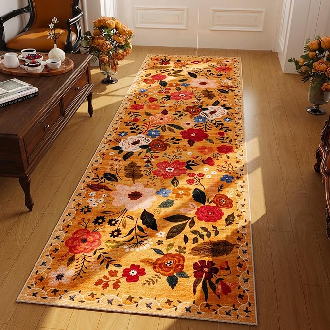 Rugcomf Runner Rug for Kitchen Rug Non Slip 2'x 6' Washable Rugs with Rubber Backing Soft Floral Carpet Runner for Hallways, Kitchen, Laundry, Bedroom, Bathroom(Yellow)