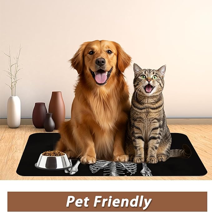 Funny Skull Skeleton Dog Food Mat for Floors,Absorbent Quick-Dry Pet Feeding Mat,Cat Dog Bowl Mats for Food and Water,Non-Slip Pet Accessories Supplies 16"x24"