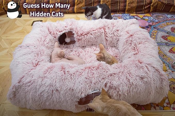 XxingSheep 4 Cave Shuttled XL Cat Tunnel Bed for Indoor Cats Peekaboo Toy Donut with Warm Mat, Pinkish White