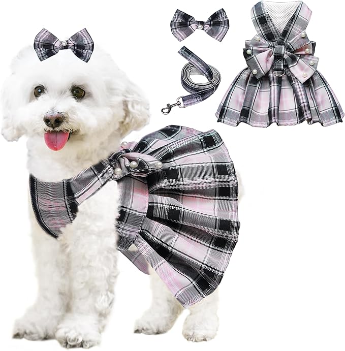 Dog Dress Bowknot Harness Leash Set for Small Dogs Girl Cute Plaid Dog Dress Pearls Bow Tie Spring Summer Princess Clothes Birthday Holiday Doggie Outfits for Puppy Cats Girl Apparel (Black, Medium)