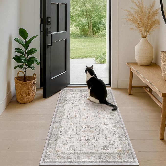 Light Grey 3x6 Large Boho Bathroom Rug - Modern Vintage Eclectic Floral Pastel Neutral Taupe, Washable Low Pile Non-Slip Area Rugs for Entryway, Kitchen, Bedroom Beside Bed