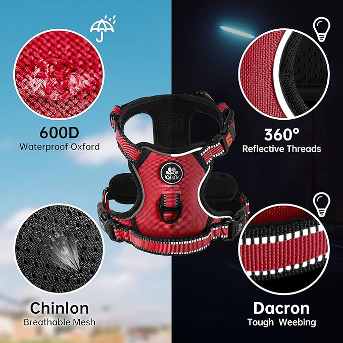 NESTROAD No Pull Dog Harness,Adjustable Oxford Dog Vest Harness with Leash,Reflective No-Choke Pet Harness with Easy Control Soft Handle for Large Dogs(X-Large,Red)