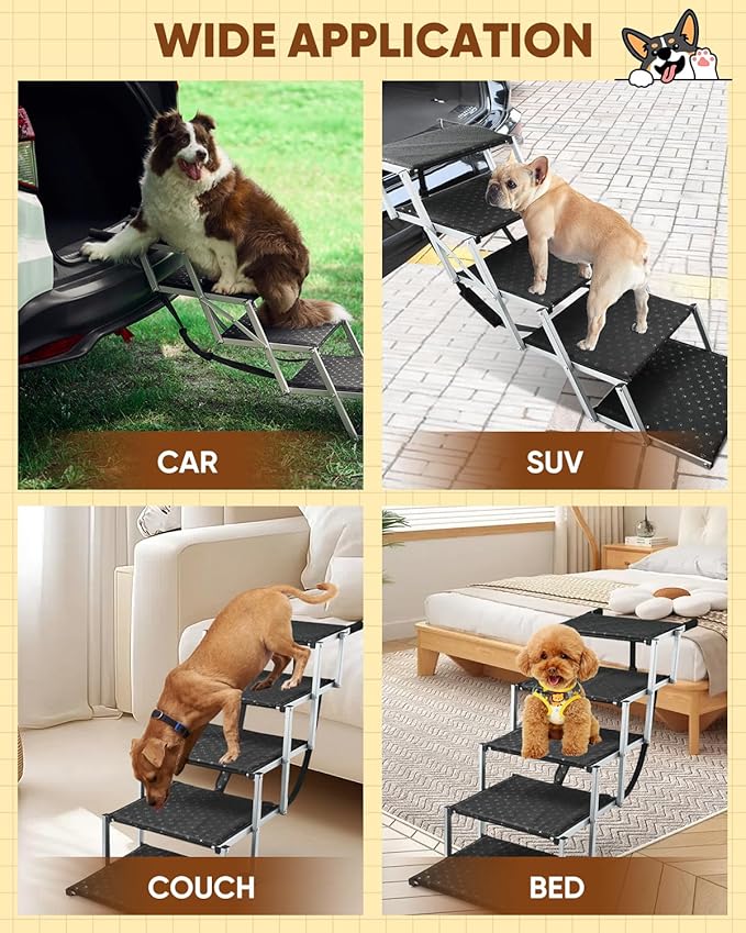 Saker Foldable Dog Ramp for Cars, SUVs, Trucks, Portable Pet Dog Stairs with Non-Slip Surface & Reinforced Design, Lightweight Yet Sturdy Supports Up to 200lbs (Extra Wide-5 Pet Steps)